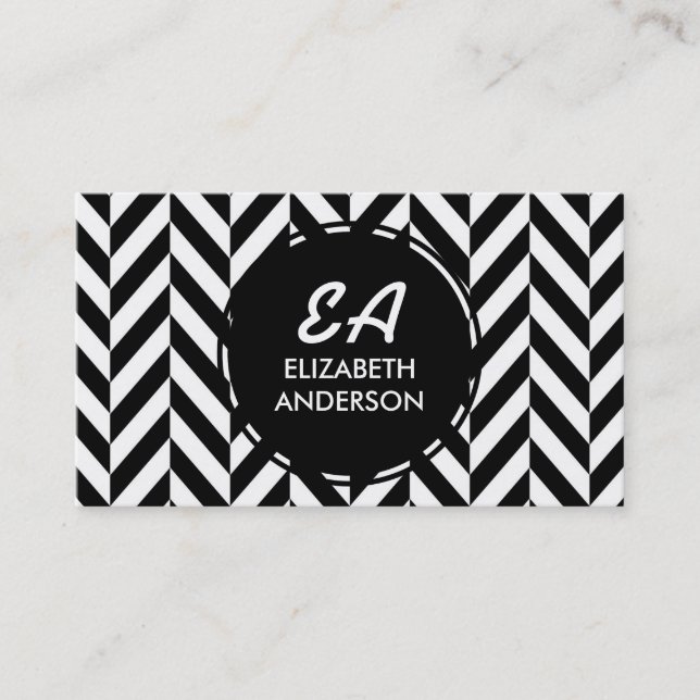 Black and White Herringbone Pattern Business Cards (Front)