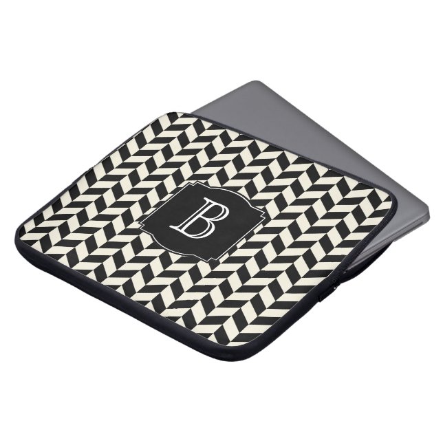 Black and White Herringbone Pattern with Monogram Laptop Sleeve (Front Top)