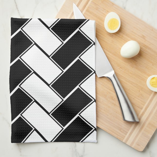 Black and White Herringbone Tea Towel (Quarter Fold)