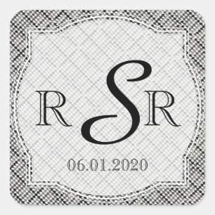 Black and White Herringbone Wedding Monogram Square Sticker