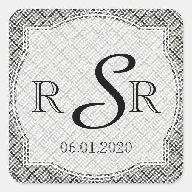 Black and White Herringbone Wedding Monogram Square Sticker (Front)