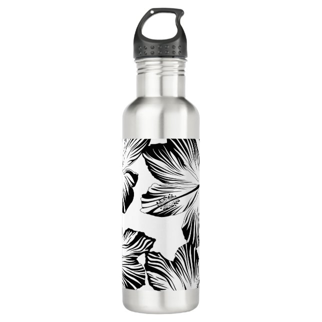 Black and white hibiscus 710 ml water bottle (Front)