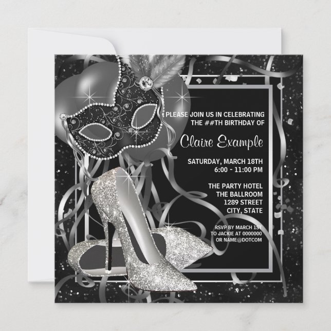 Black and White High Heels Birthday Party Invitation (Front)