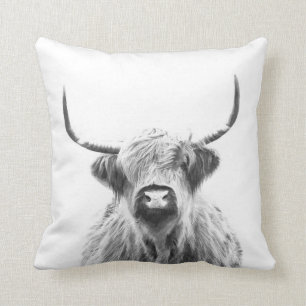Black and white highland cow animal portrait cushion