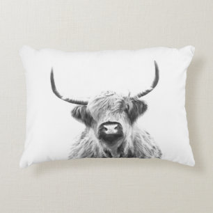 Black and white highland cow animal portrait decorative cushion