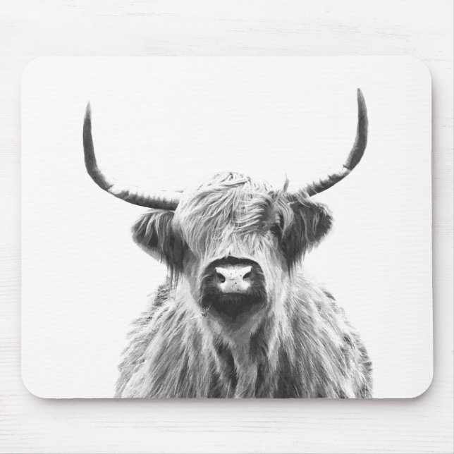 Black and White Highland Cow Portrait Mouse Mat (Front)