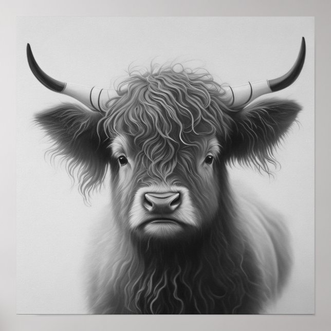 Black and White Highland Cow Poster (Front)