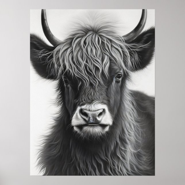 Black and White Highland Cow Poster (Front)