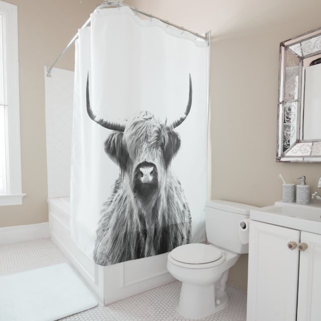 Black and White Highland Cow Shower Curtain (In Situ)