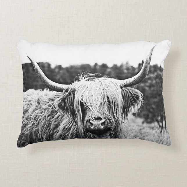 Black and White Highland Longhorn Cow Decorative Cushion (Front)