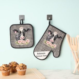 Black and White Holstein Cow With Florals Oven Mitt & Pot Holder Set