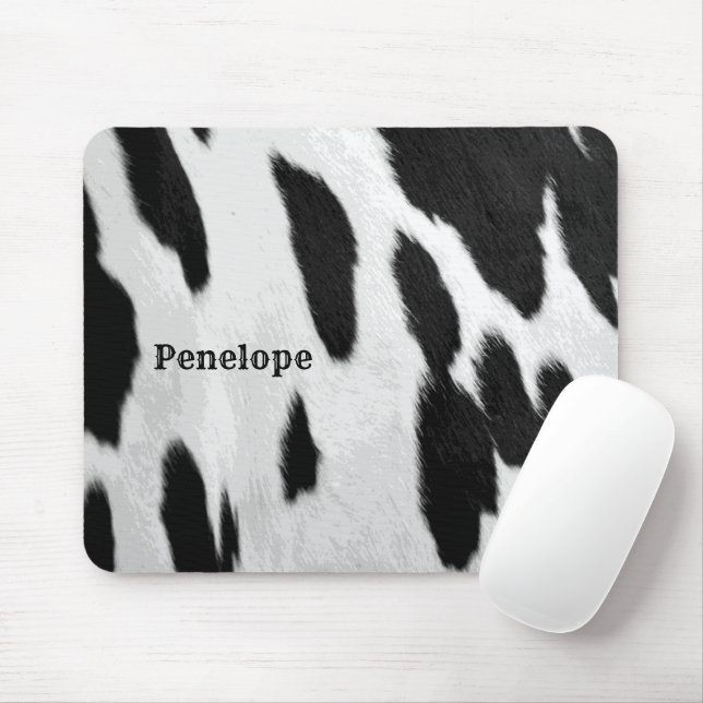 Black and White Holstein Cowhide Look With Name Mouse Mat (With Mouse)