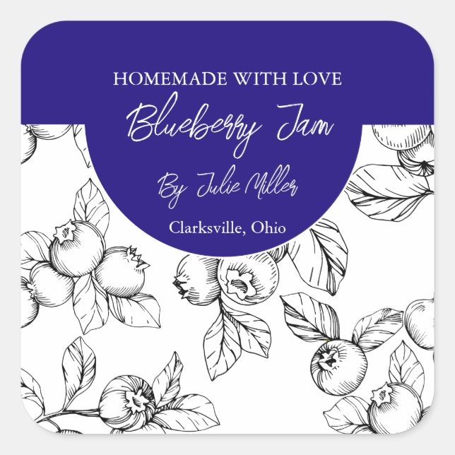 Black and White Homemade Blueberry Jam Label (Front)