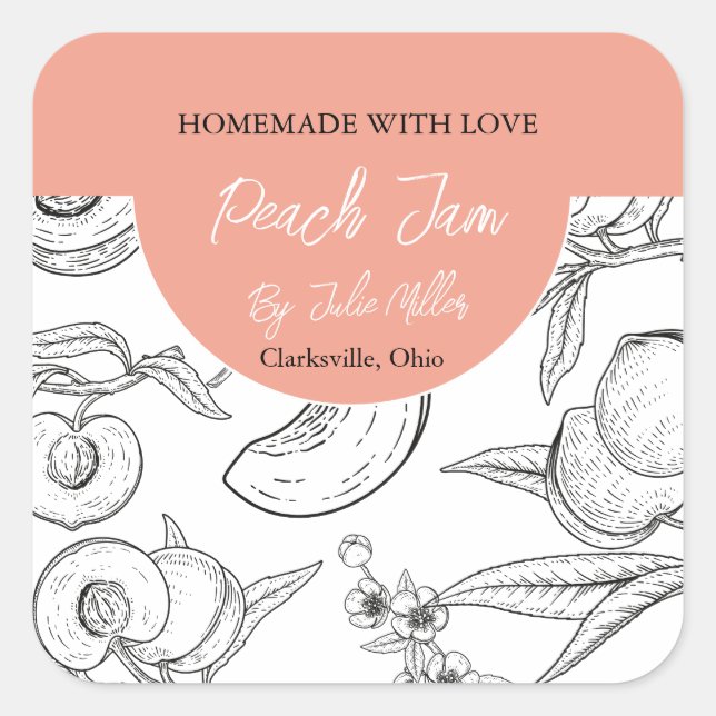 Black and White Homemade Peach Jam Label (Front)
