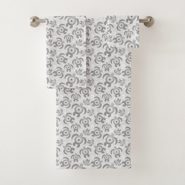 Black and White Honu Sea Turtles Hibiscus Flowers Bath Towel Set (Insitu)