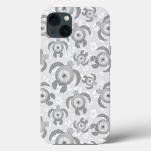 Black and White Honu Sea Turtles Hibiscus Flowers iPhone 13 Case