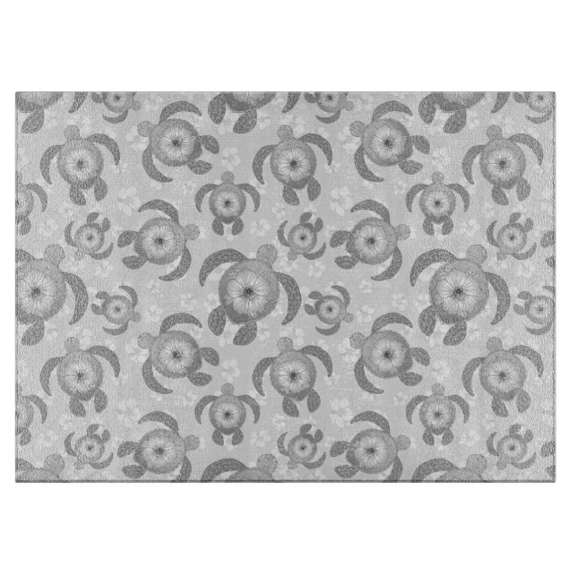 Black and White Honu Sea Turtles Hibiscus Flowers Cutting Board (Front)