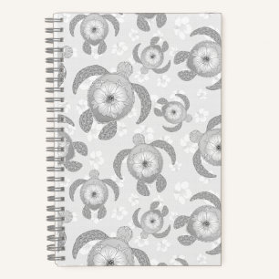 Black and White Honu Sea Turtles Hibiscus Flowers Notebook