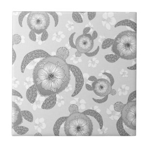 Black and White Honu Sea Turtles Hibiscus Flowers Tile
