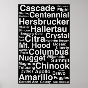 Black and white Hop Varieties Poster