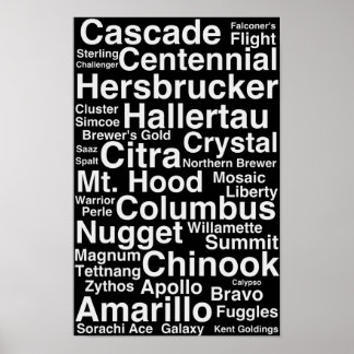 Black and white Hop Varieties Poster