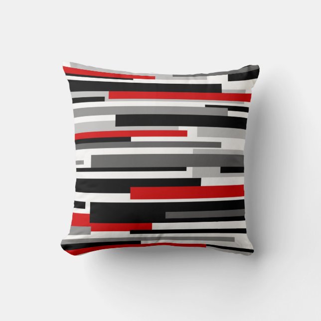 Black and White Horizontal Lines with Red Accent Cushion (Front)