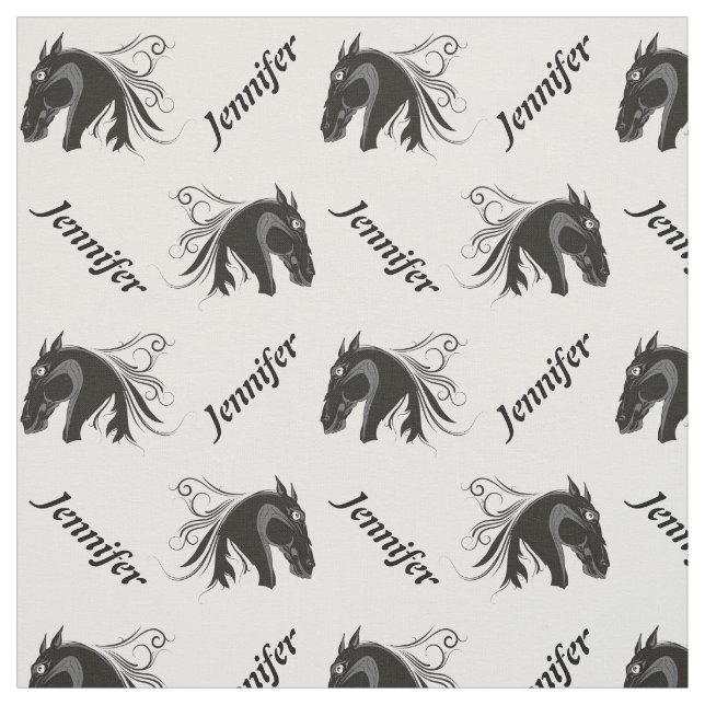 Black and white horse head and name personalised fabric (Swatch)