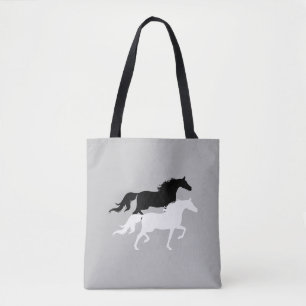 Black and white horse silhouettes on silver grey tote bag
