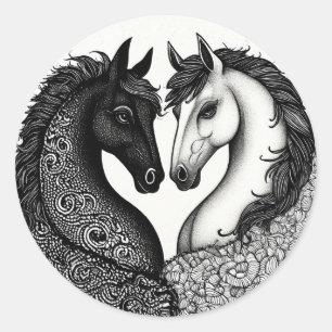 Black and white Horses Classic Round Sticker