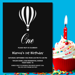 Black and White Hot Air Balloon 1st Birthday Party Invitation
