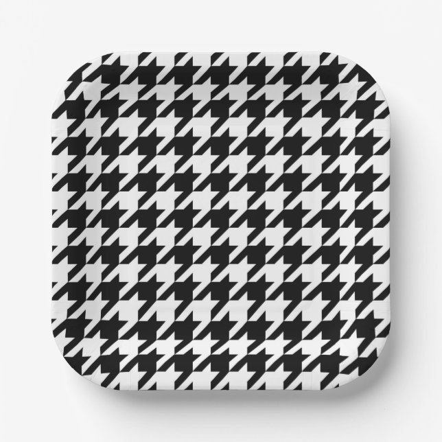 Black and White Houndstooth Check Paper Plate (Front)