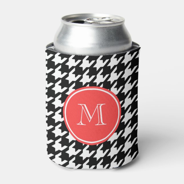 Black and White Houndstooth Coral Monogram Can Cooler (Can Front)
