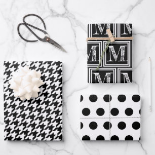 Black and White Houndstooth Monogram Polka Dot Wrapping Paper Sheet