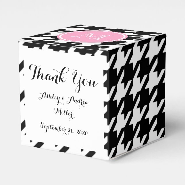 Black and White Houndstooth Pink Monogram Favour Box (Front Side)