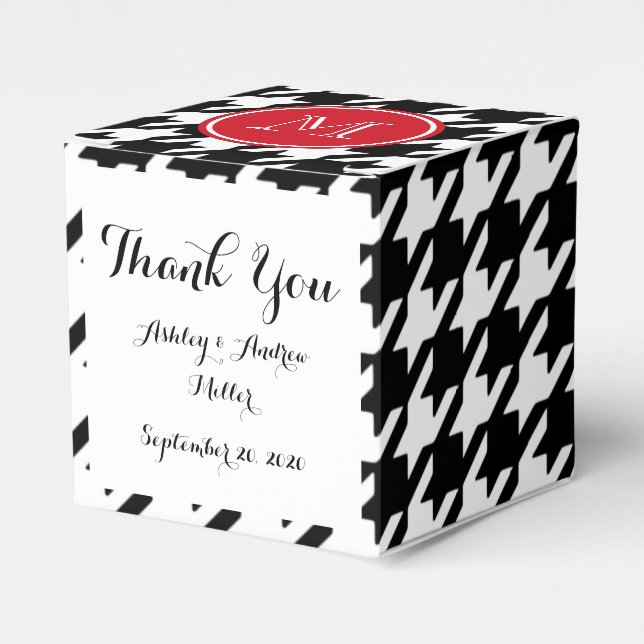 Black and White Houndstooth Red Monogram Favour Box (Front Side)