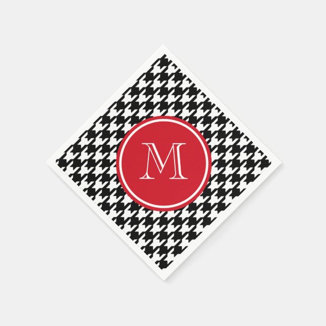 Black and White Houndstooth Red Monogram Napkin (Corner)
