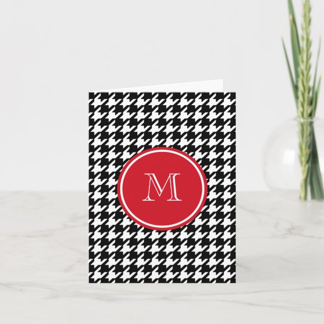 Black and White Houndstooth Red Monogram Note Card (Front)
