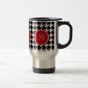 Black and White Houndstooth Red Monogram Travel Mug