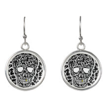 Black and White Human Skull Drop Earrings 