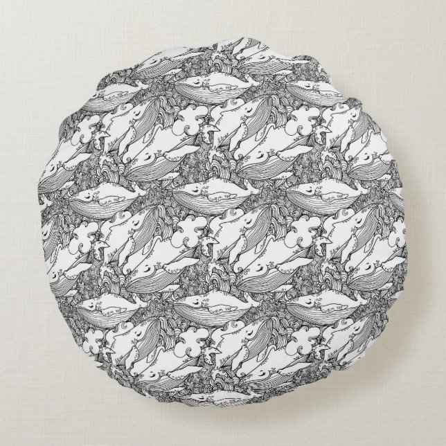 Black And White Humpback Whale Round Cushion (Back)
