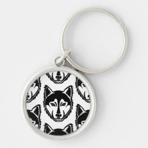 Black and White Husky Portrait Lino Cut Pattern Key Ring