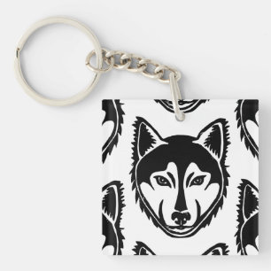 Black and White Husky Portrait Lino Cut Pattern Key Ring