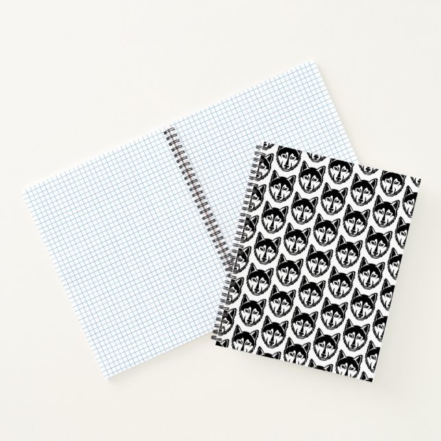 Black and White Husky Portrait Lino Cut Pattern Notebook (Inside)