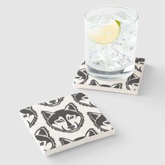 Black and White Husky Portrait Lino Cut Pattern Stone Coaster (Side)