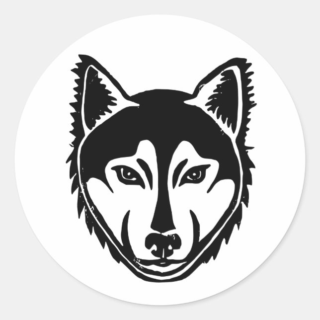 Black and White Husky Portrait Lino Cut Print Classic Round Sticker (Front)