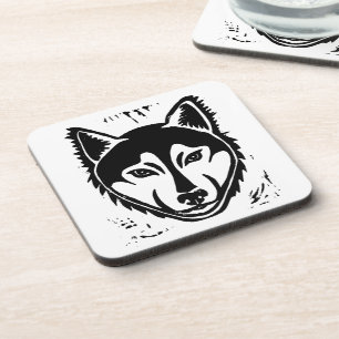Black and White Husky Portrait Lino Cut Print Coaster