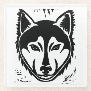 Black and White Husky Portrait Lino Cut Print Glass Coaster