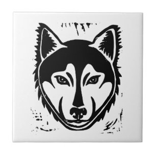 Black and White Husky Portrait Lino Cut Print Tile