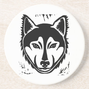Black and White Husky Portrait Lino Cut Sandstone Coaster