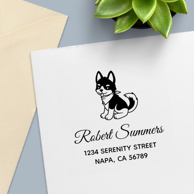 Black and White Husky Puppy Dog Address Self-inking Stamp (Creator Uploaded)